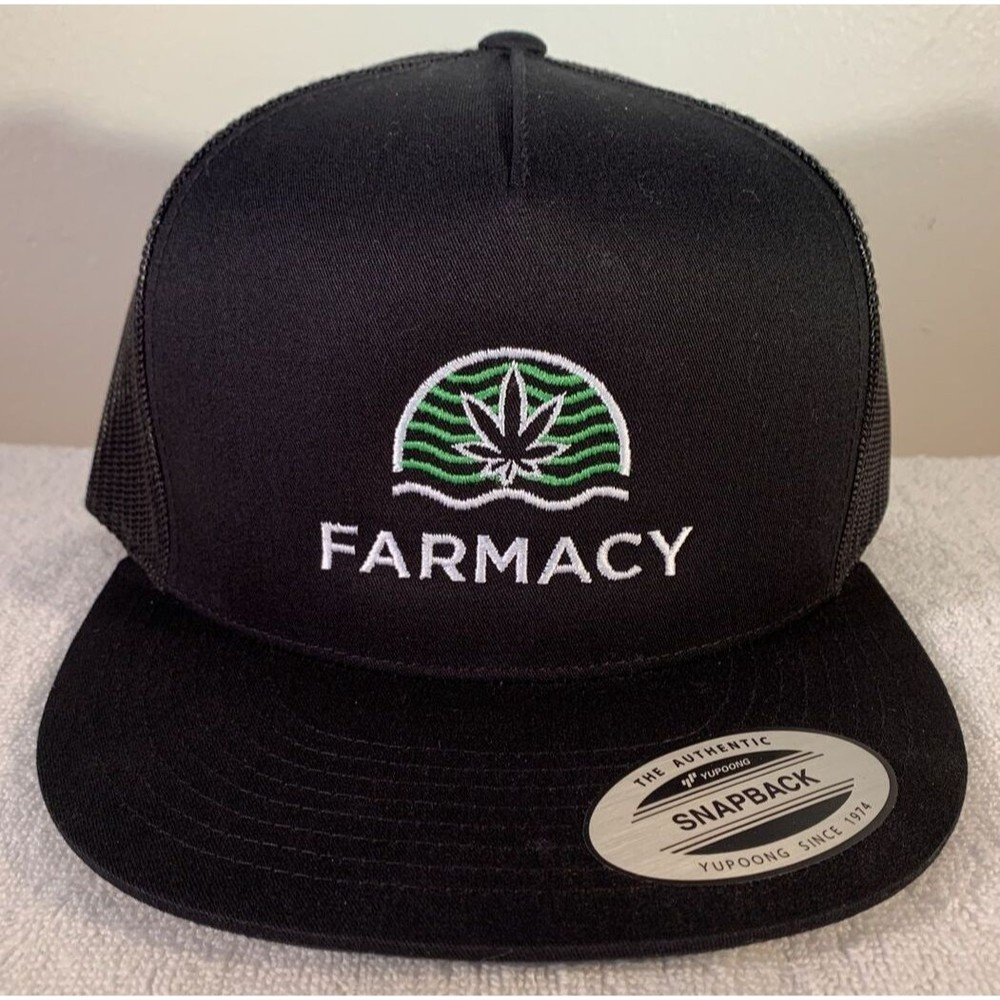 Authentic Yupoong FARMACY Embroidered Snapback Meshback Trucker Cap Hat, Black